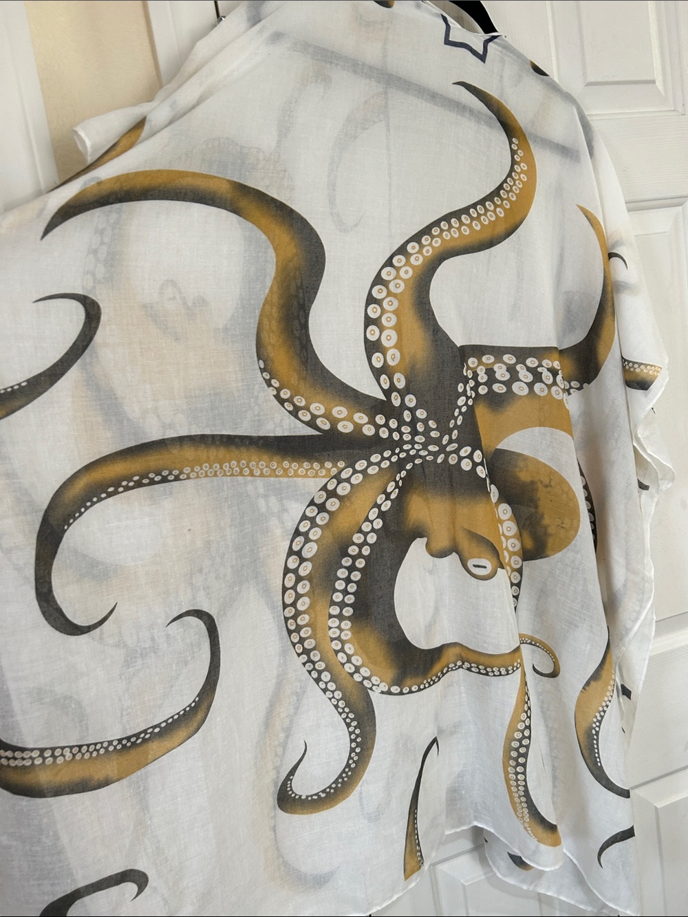 Octopus-Print Sheer Kimono Cover-Up - White & Gold - Picture 7 of 7